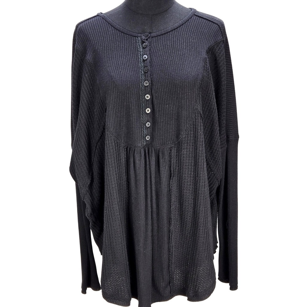 Women's Free People Medium Black Mixed Knit Henley Oversized Thermal Top Boho
